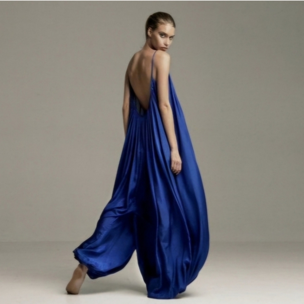 Blue Satin Backless Wide-Leg Jumpsuit